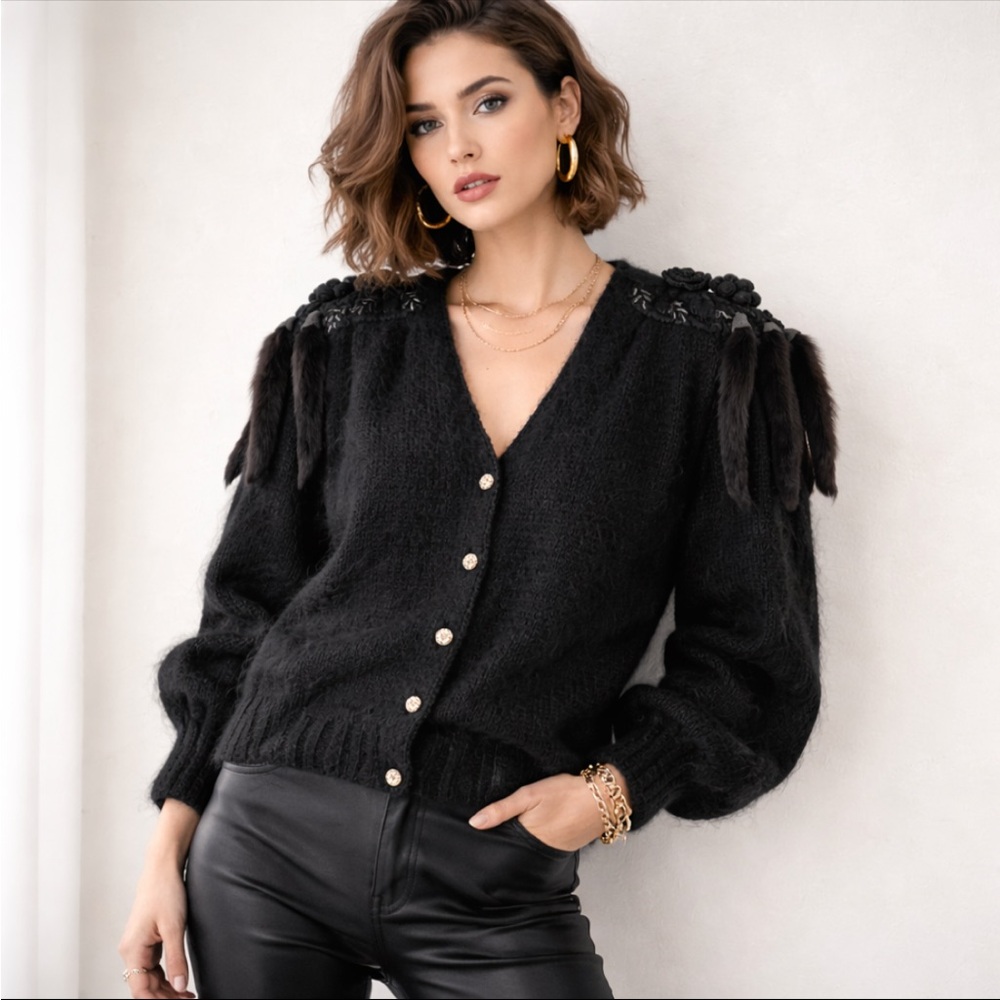 Magnolia Vtg 90s Statement Mohair Fur Cardigan Beaded Jewel Gold Buttons Sz M